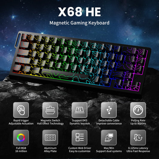 ATTACK SHARK X68 HE Rapid Trigger Keyboard Magnetic Switch with C01PRO Coiled Cable