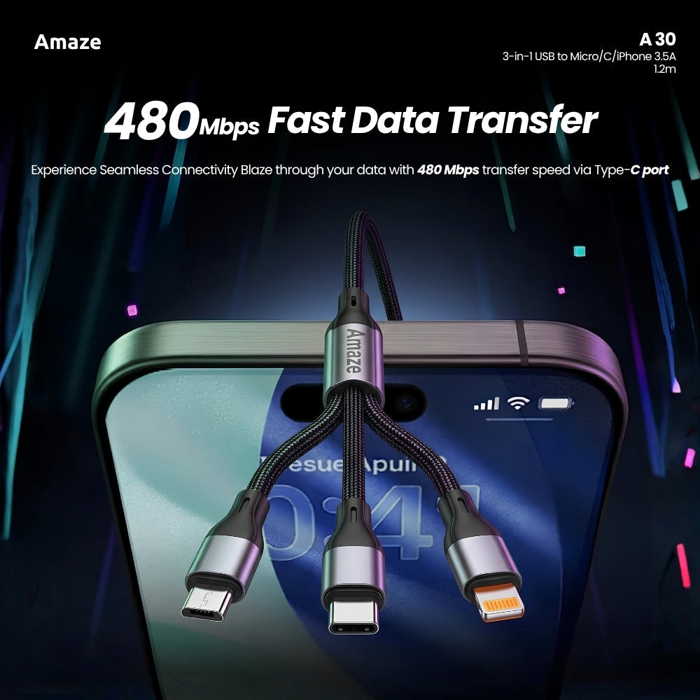 3-in-1 USB to Micro/C/iPhone 3.5A 1.2m | A30