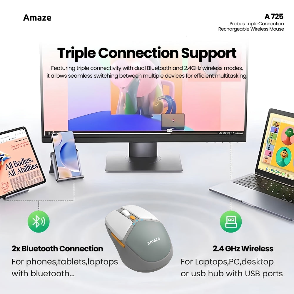 Probus Triple Connection Rechargeable Wireless Mouse | A725