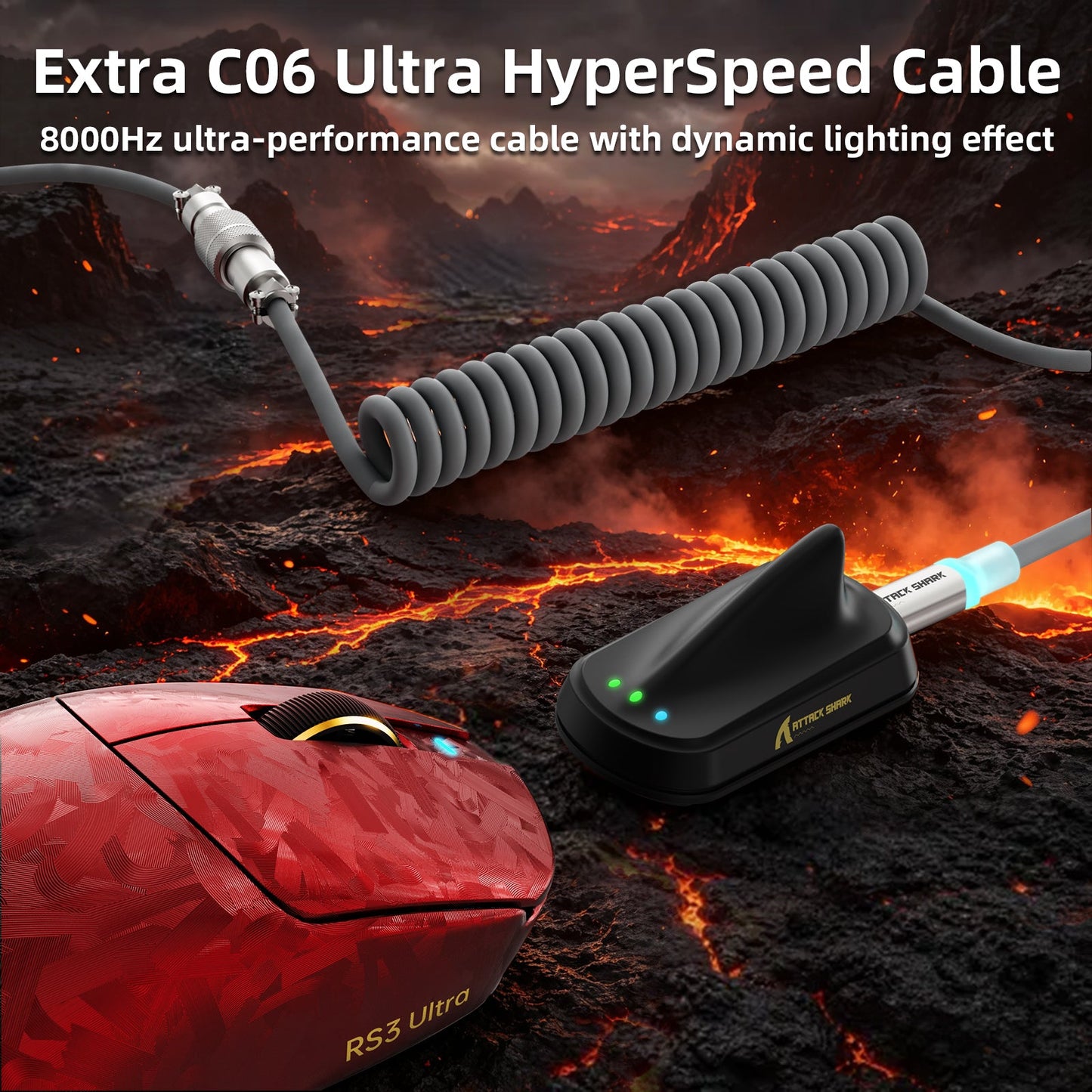 ATTACK SHARK RS3 ULTRA Carbon Fiber Wireless PAW3955MAX Gaming Mouse with C06 Ultra LED Cable