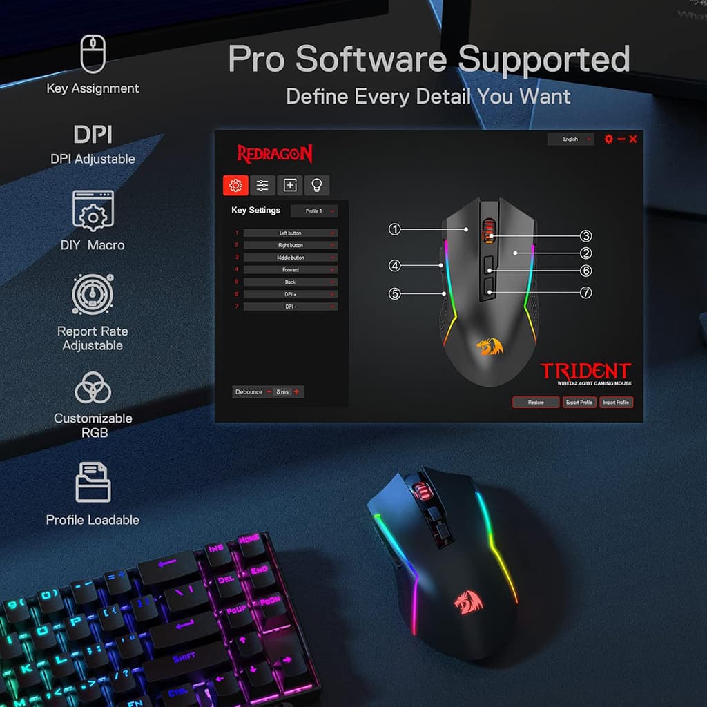 Redragon M693 Trident Pro Wireless/Wired RGB Gaming Mouse