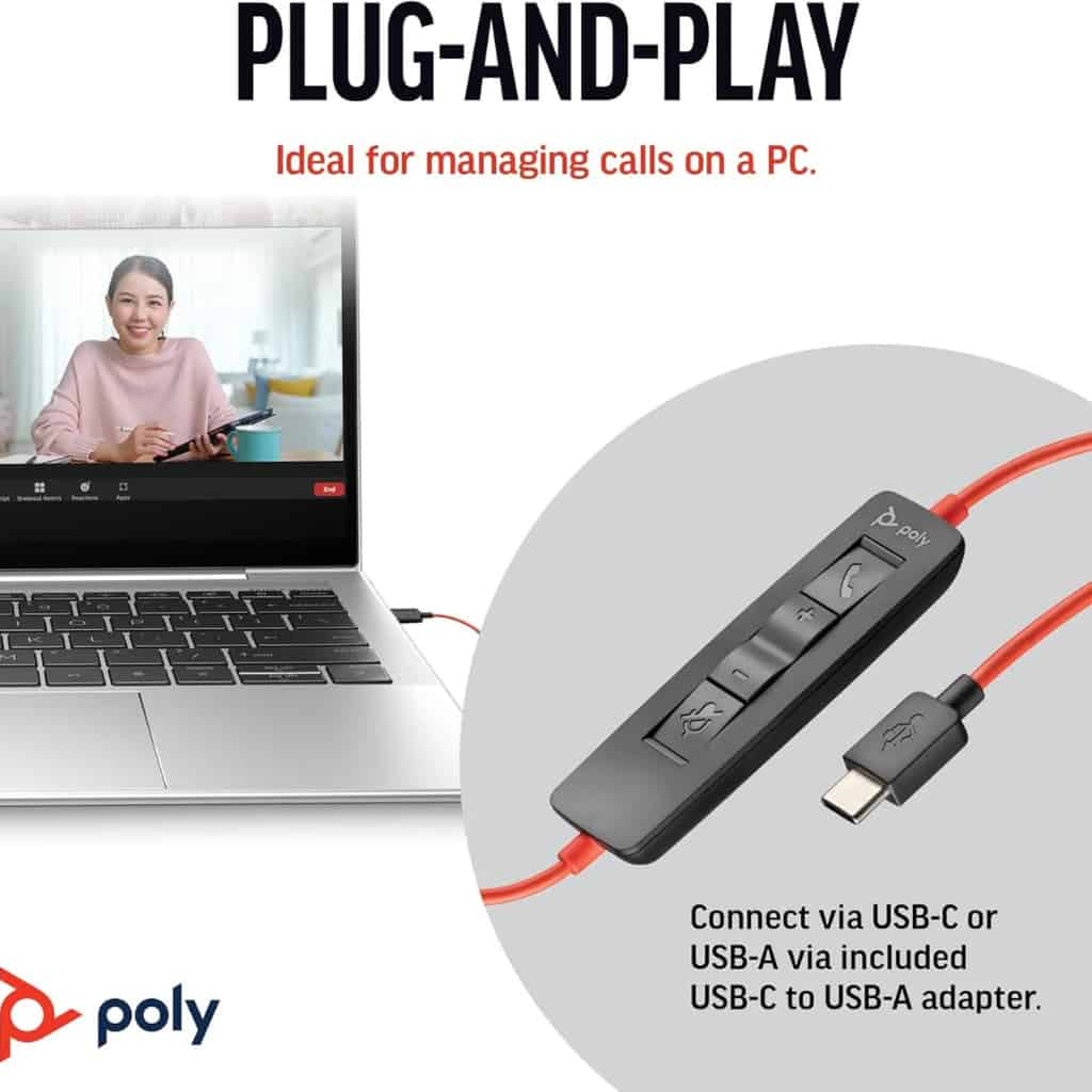 Poly Blackwire 3320 Wired Headset Type-C and USB-A Dual Connectors
