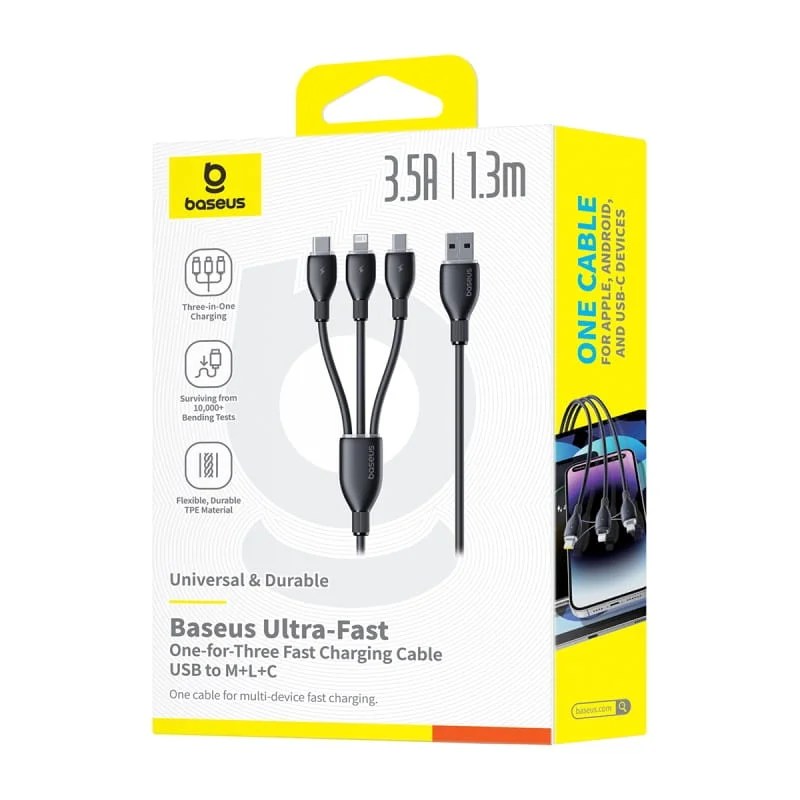 Baseus Ultra-Fast One-for-Three Fast Charging Cable USB-A to M+L+C 3.5A 1.3m
