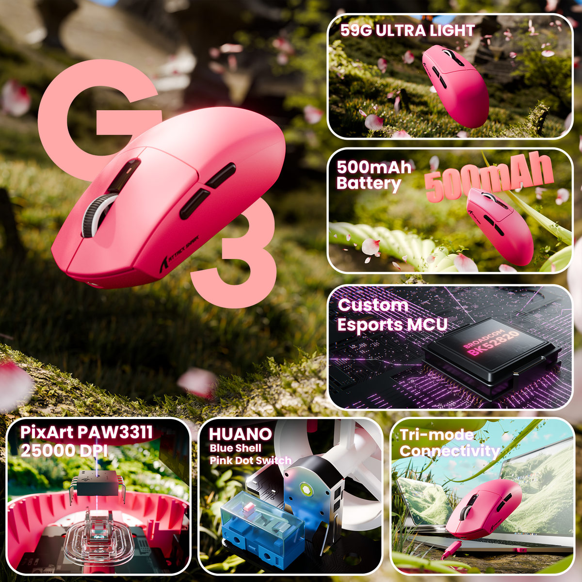 ATTACK SHARK G3 Tri-mode Wireless Gaming Mouse 25000 DPI Ultra Lightweight