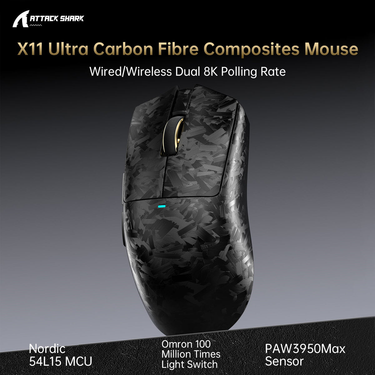 ATTACK SHARK X11 ULTRA Carbon Fiber Wireless 8K PAW3950MAX Gaming Mouse