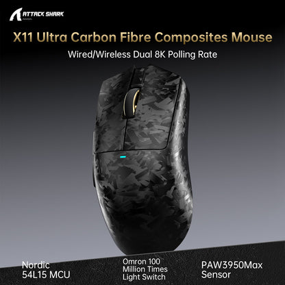 ATTACK SHARK X11 ULTRA Carbon Fiber Wireless 8K PAW3950MAX Gaming Mouse
