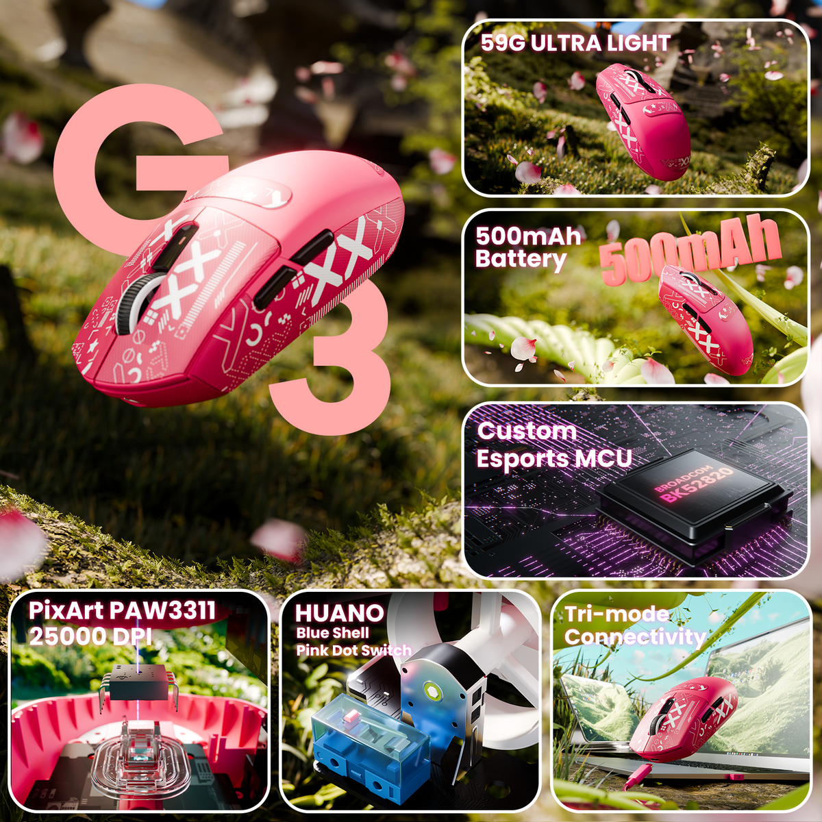 ATTACK SHARK G3 Tri-mode Wireless Gaming Mouse 25000 DPI Ultra Lightweight