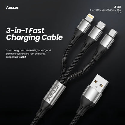 3-in-1 USB to Micro/C/iPhone 3.5A 1.2m  | A30