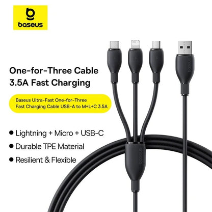 Baseus Ultra-Fast One-for-Three Fast Charging Cable USB-A to M+L+C 3.5A 1.3m