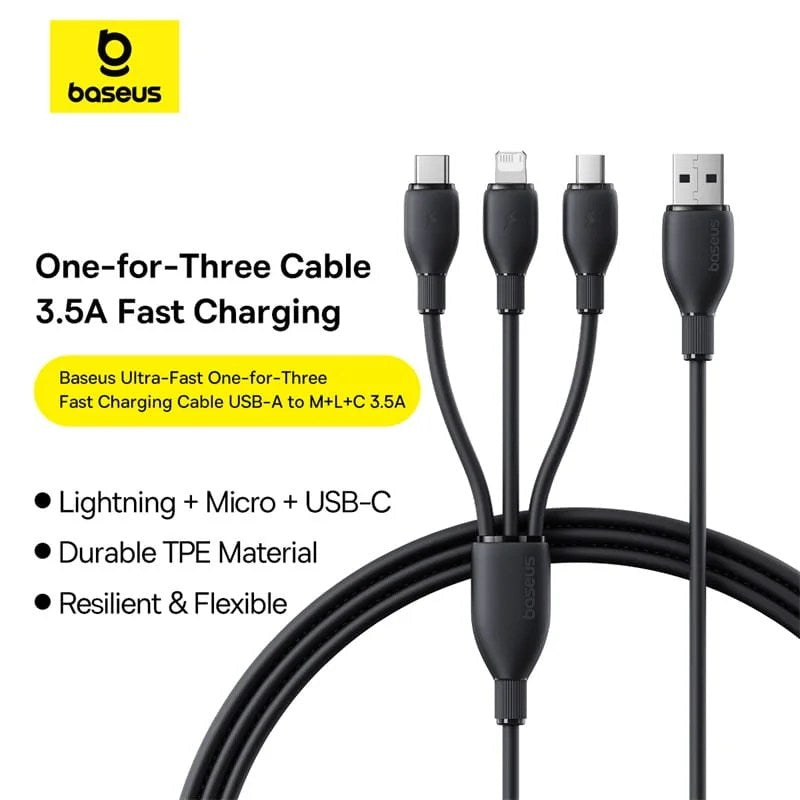 Baseus Ultra-Fast One-for-Three Fast Charging Cable USB-A to M+L+C 3.5A 1.3m