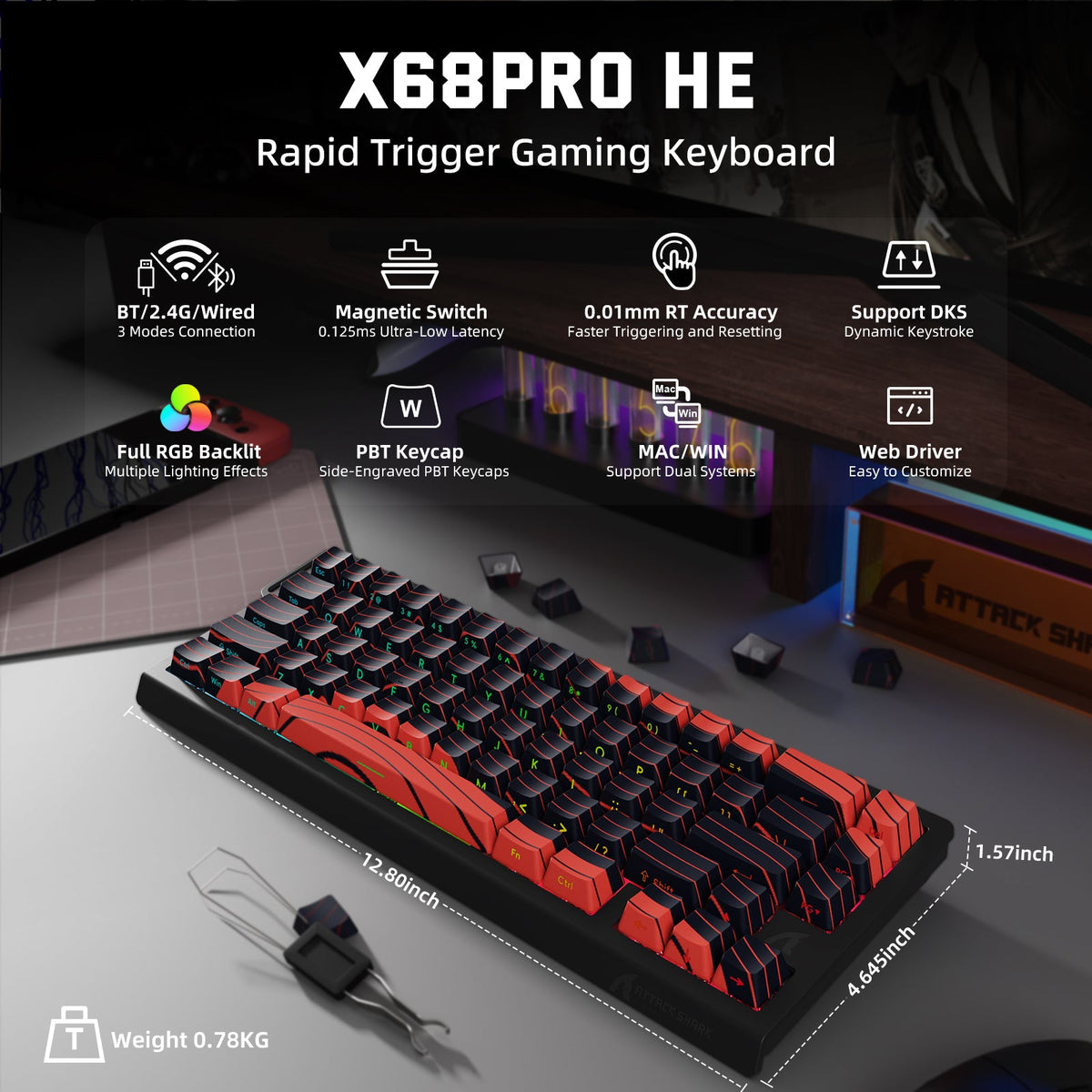 ATTACK SHARK X68PRO HE Wireless Rapid Trigger Keyboard Magnetic Switch