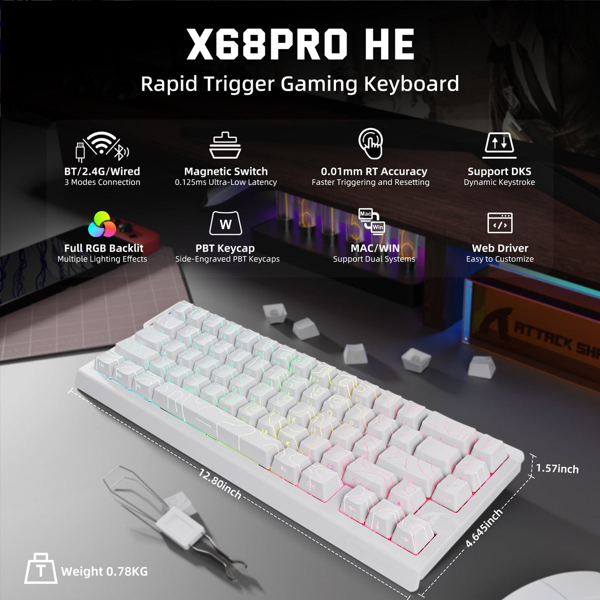 ATTACK SHARK X68PRO HE Wireless Rapid Trigger Keyboard Magnetic Switch