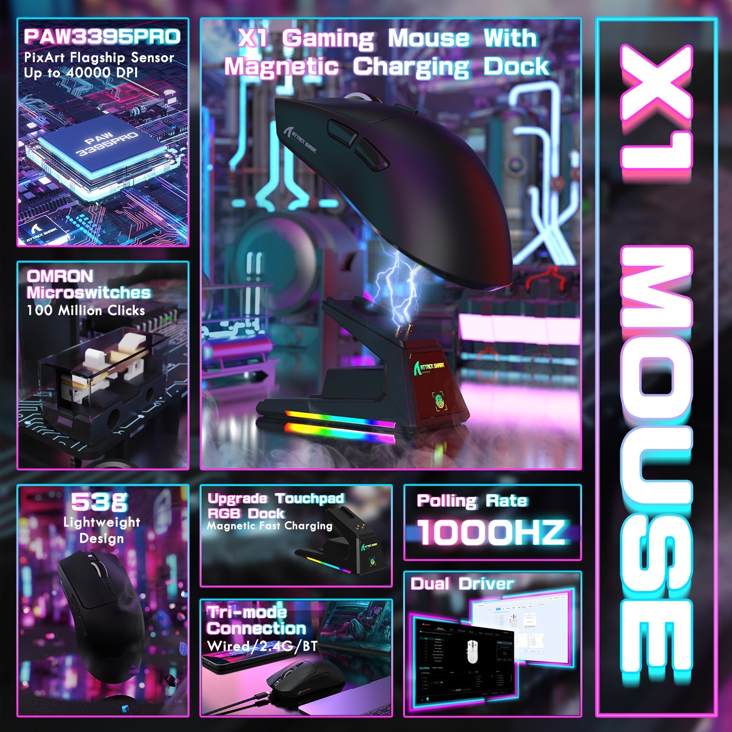 ATTACK SHARK X1 Tri-mode Gaming Mouse With Touchpad RGB Charging Dock PAW3395PRO Sensor