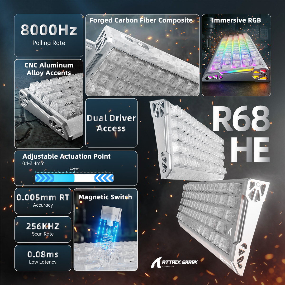 ATTACK SHARK R68 HE Carbon Fiber Rapid Trigger Keyboard Magnetic Switch