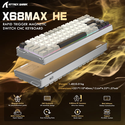 ATTACK SHARK X68MAX HE Rapid Trigger CNC Aluminum Keyboard Magnetic Switch with C01Ultra RGB Coiled Cable