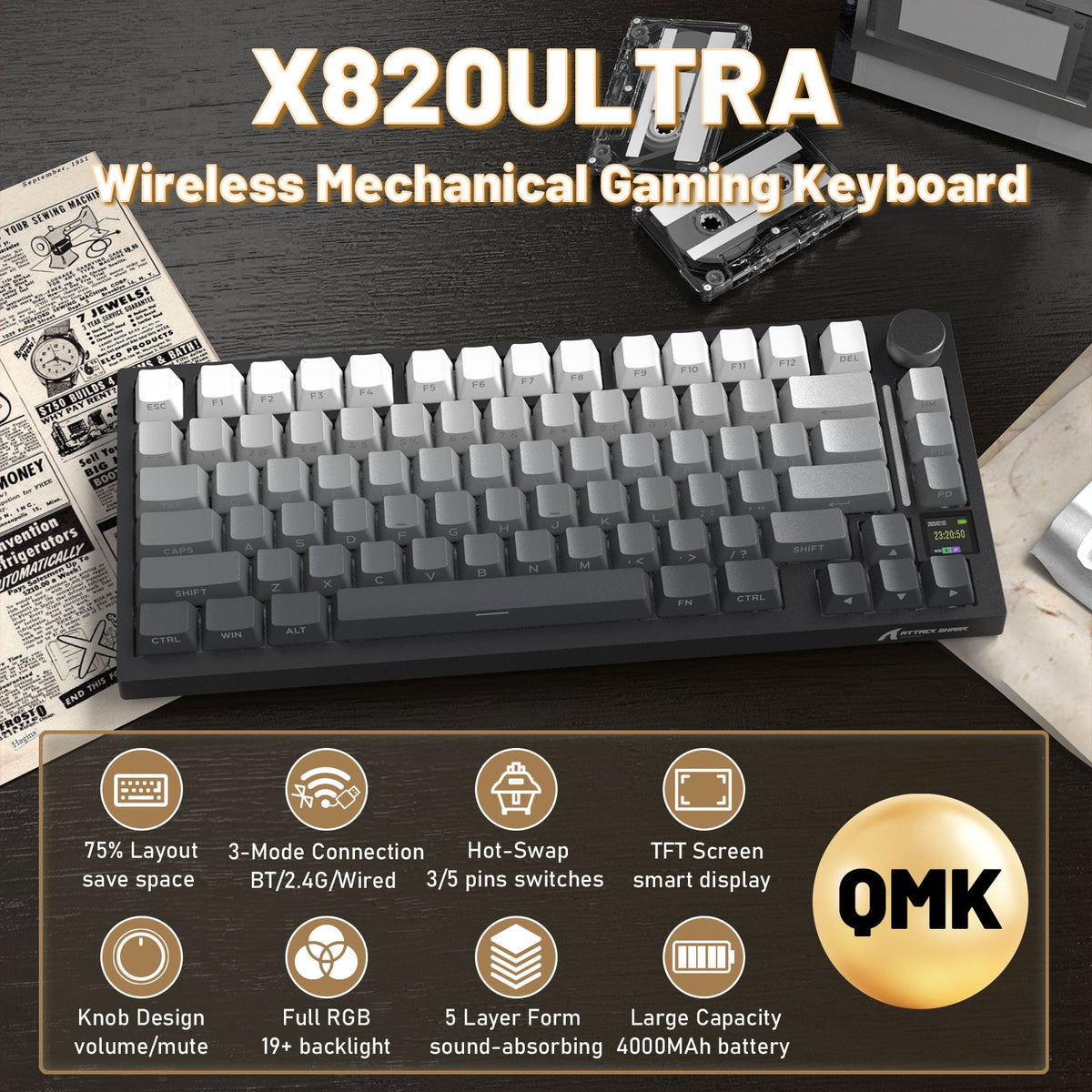 ATTACK SHARK X820ULTRA Mechanical Keyboard with C01ULTRA Coiled Cable