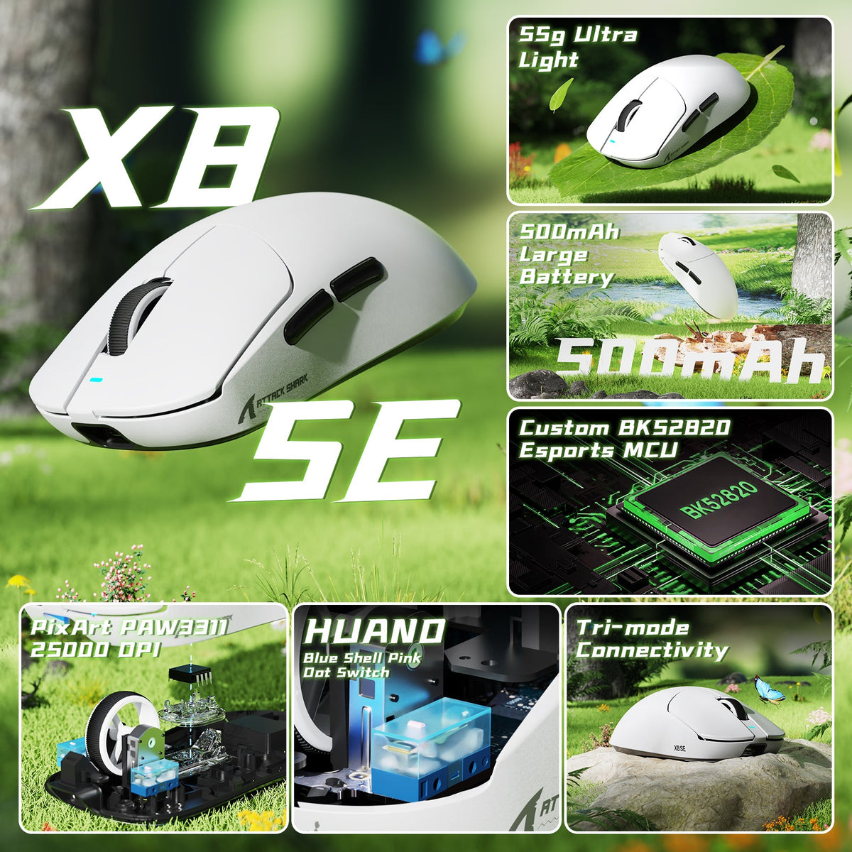 ATTACK SHARK X8 Series Tri-mode  Lightweight Wireless Gaming Mouse