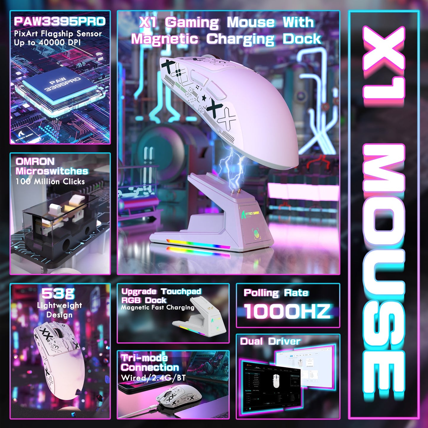 ATTACK SHARK X1 Tri-mode Gaming Mouse With Touchpad RGB Charging Dock PAW3395PRO Sensor