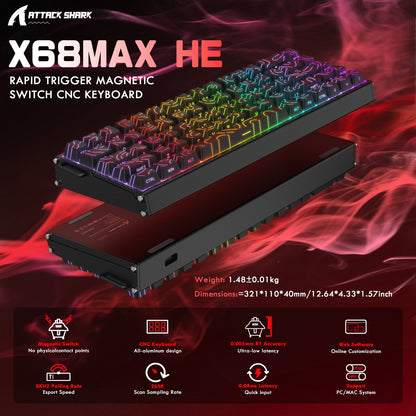 ATTACK SHARK X68MAX HE Rapid Trigger CNC Aluminum Keyboard Magnetic Switch with C01Ultra RGB Coiled Cable