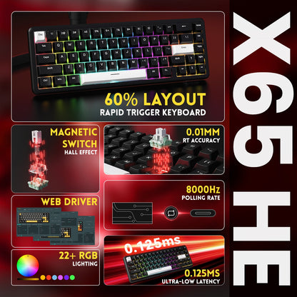 ATTACK SHARK X65 HE Magnetic Switch Rapid Trigger Keyboard With 8Khz Coiled Cable