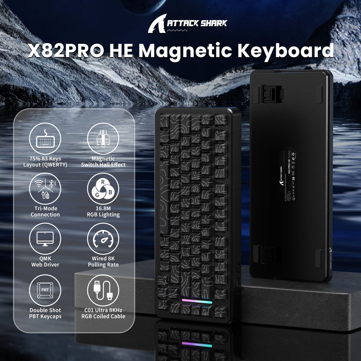 ATTACK SHARK X82PRO HE Magnetic Keyboard With C01Ultra RGB Coiled Cable