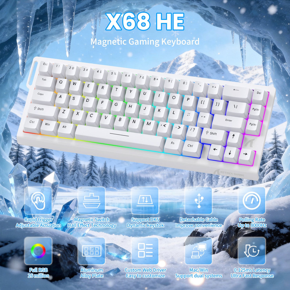 ATTACK SHARK X68 HE Rapid Trigger Keyboard Magnetic Switch with C01PRO Coiled Cable