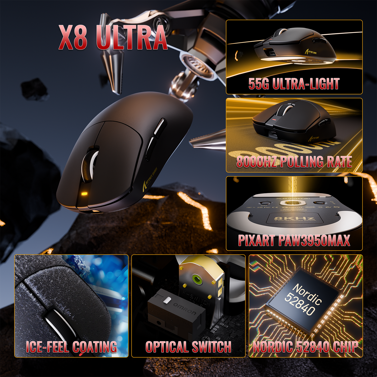 ATTACK SHARK X8 Series Tri-mode  Lightweight Wireless Gaming Mouse
