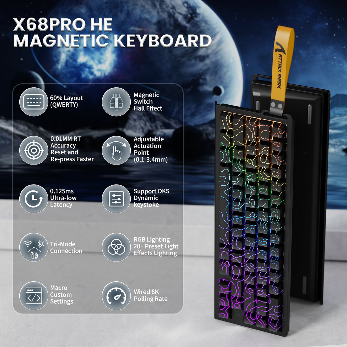 ATTACK SHARK X68PRO HE Wireless Rapid Trigger Keyboard With Coiled Cable