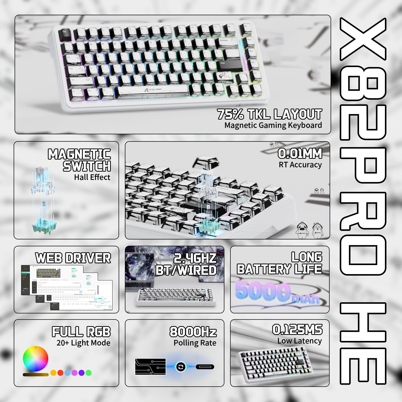 ATTACK SHARK X82PRO HE Wireless Rapid Trigger Gaming Keyboard Magnetic Switch