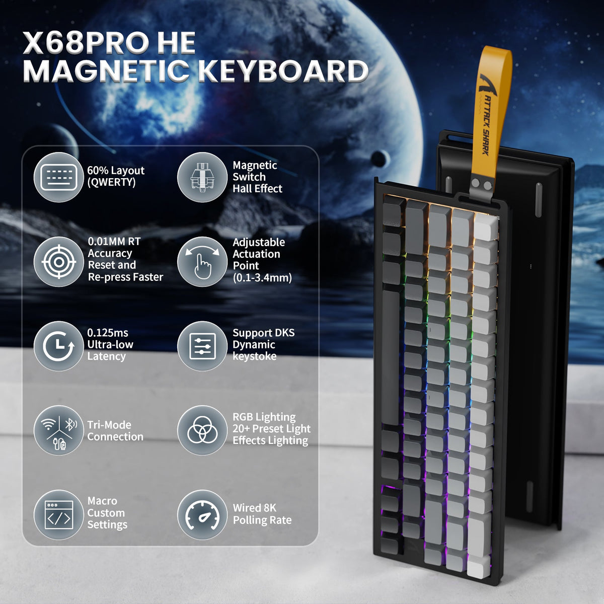 ATTACK SHARK X68PRO HE Wireless Rapid Trigger Keyboard With Coiled Cable