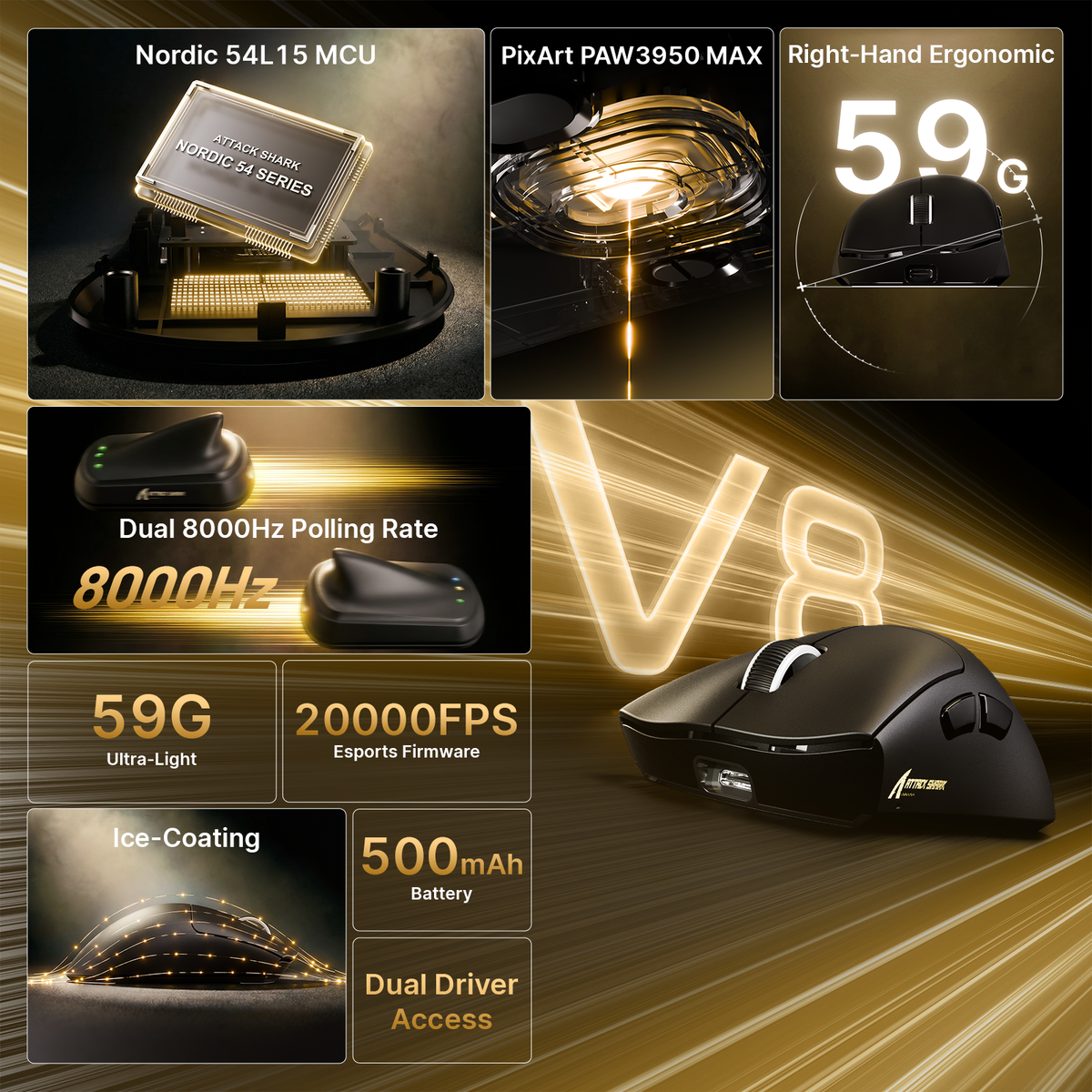 ATTACK SHARK V8 Ultra-Light Ergonomic Wireless Gaming Mouse