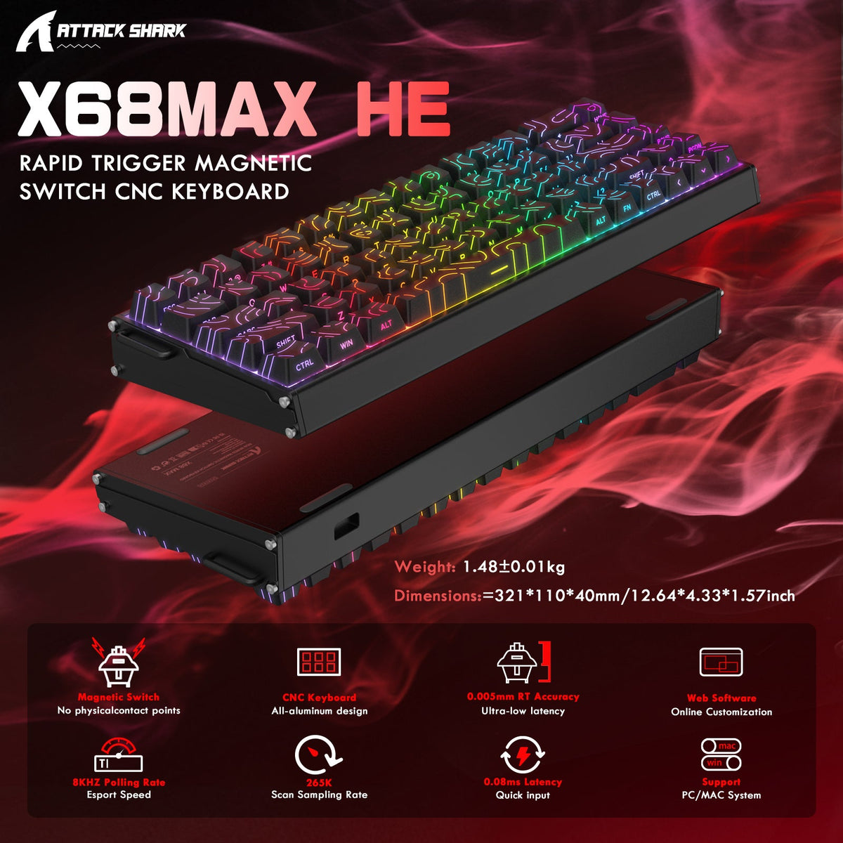 ATTACK SHARK X68MAX HE Rapid Trigger CNC Aluminum Keyboard Magnetic Switch with C01Ultra RGB Coiled Cable