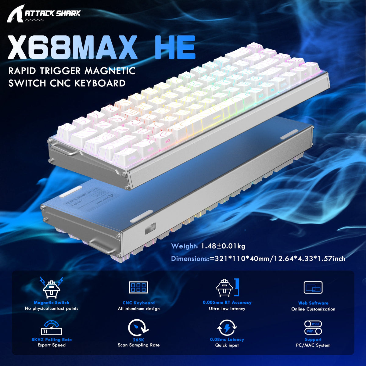 ATTACK SHARK X68MAX HE Rapid Trigger CNC Aluminum Keyboard Magnetic Switch with C01Ultra RGB Coiled Cable