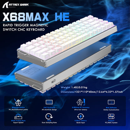 ATTACK SHARK X68MAX HE Rapid Trigger CNC Aluminum Keyboard Magnetic Switch with C01Ultra RGB Coiled Cable