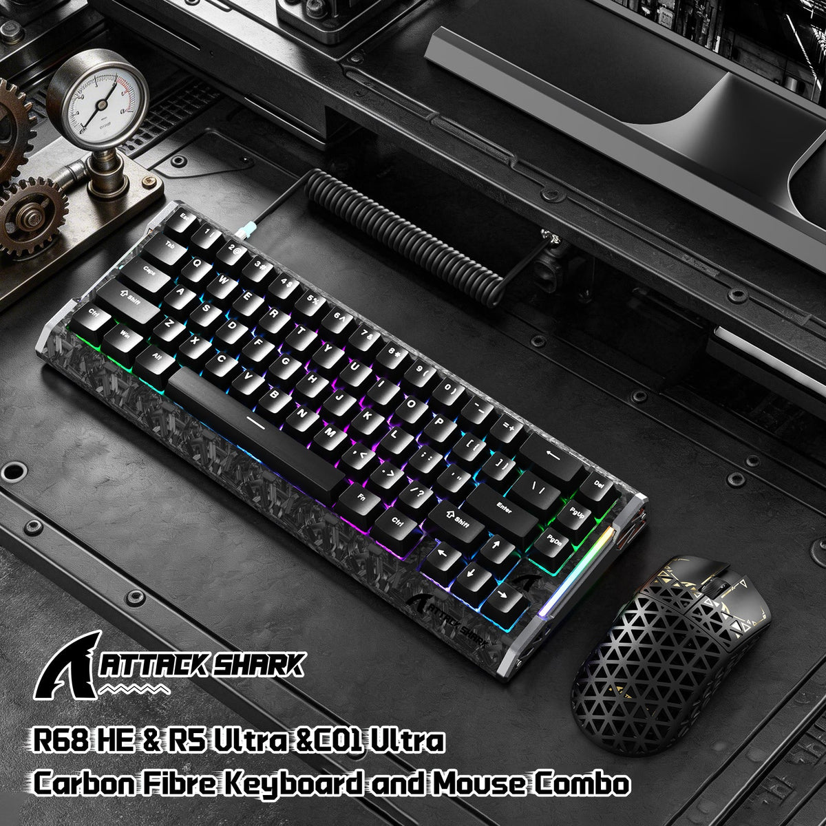ATTACK SHARK R68 HE & R5 ULTRA Carbon Fiber Gaming Bundle With C01 ULTRA Coiled Cable