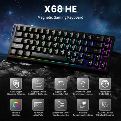 ATTACK SHARK X68 HE Rapid Trigger Keyboard Magnetic Switch with C01PRO Coiled Cable
