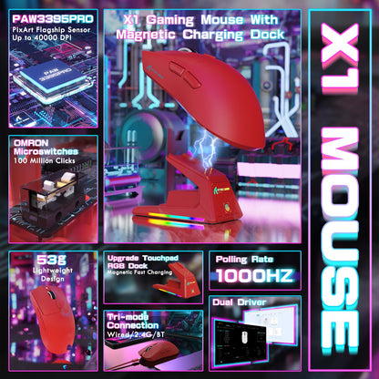 ATTACK SHARK X1 Tri-mode Gaming Mouse With Touchpad RGB Charging Dock PAW3395PRO Sensor