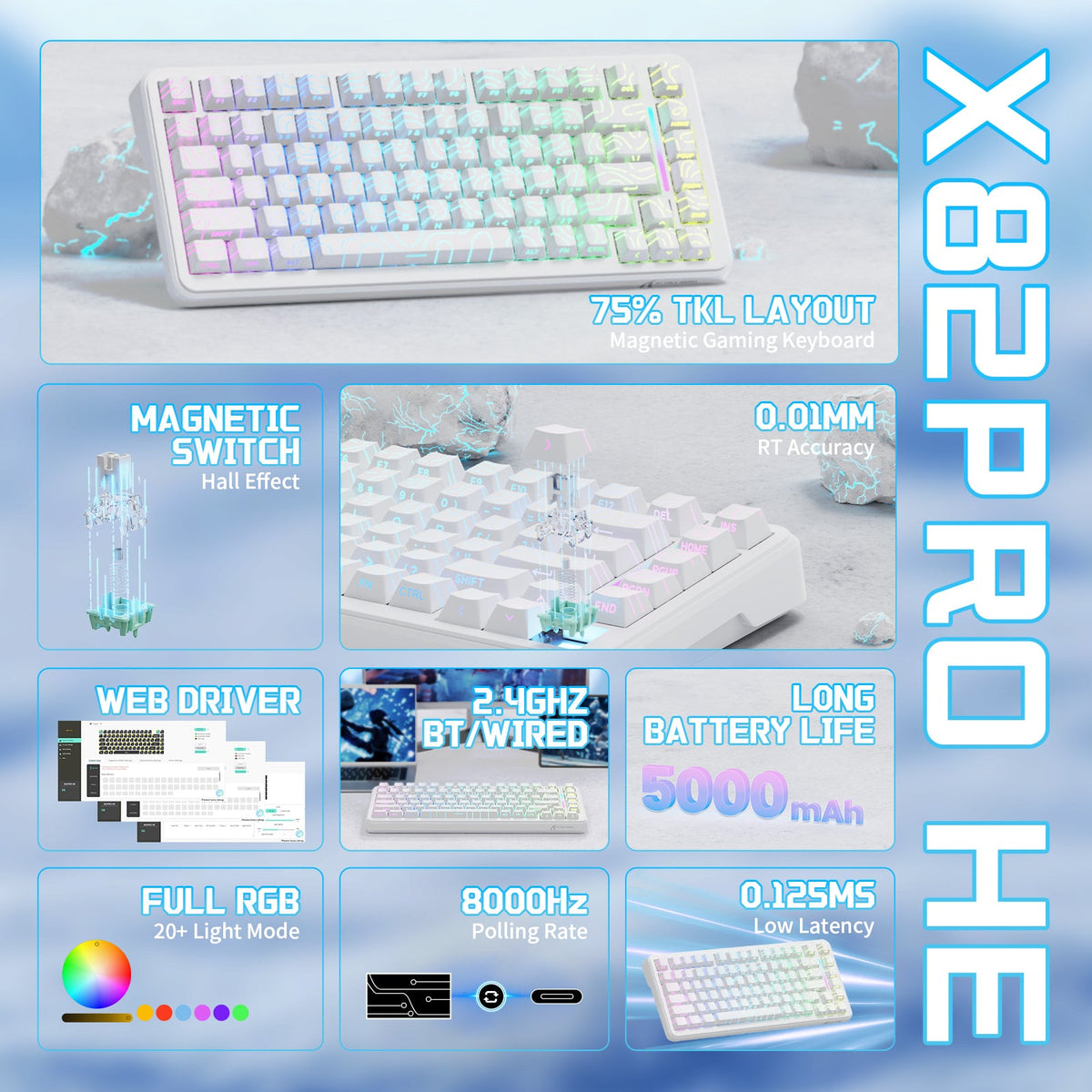 ATTACK SHARK X82PRO HE Wireless Rapid Trigger Gaming Keyboard Magnetic Switch