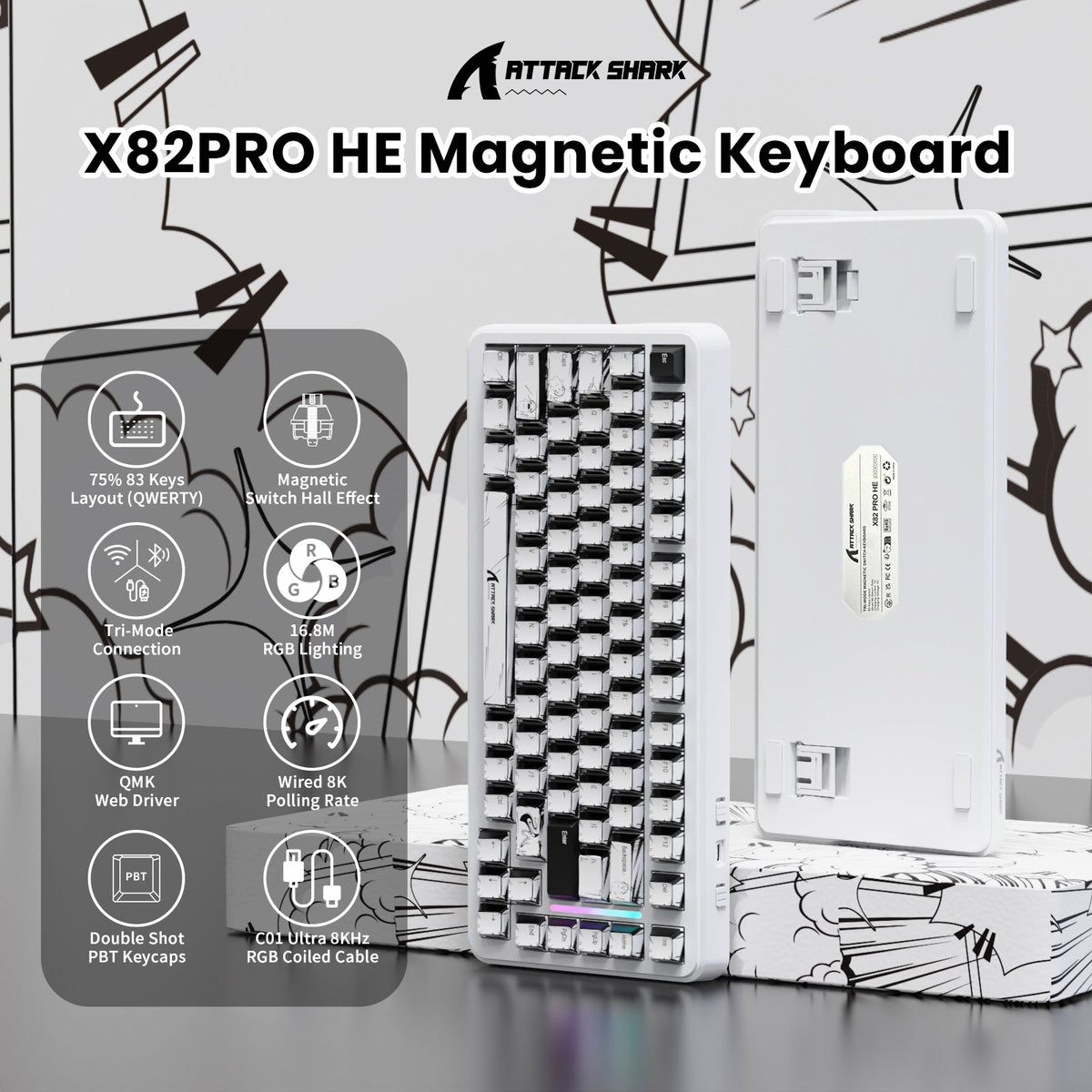 ATTACK SHARK X82PRO HE Magnetic Keyboard With C01Ultra RGB Coiled Cable