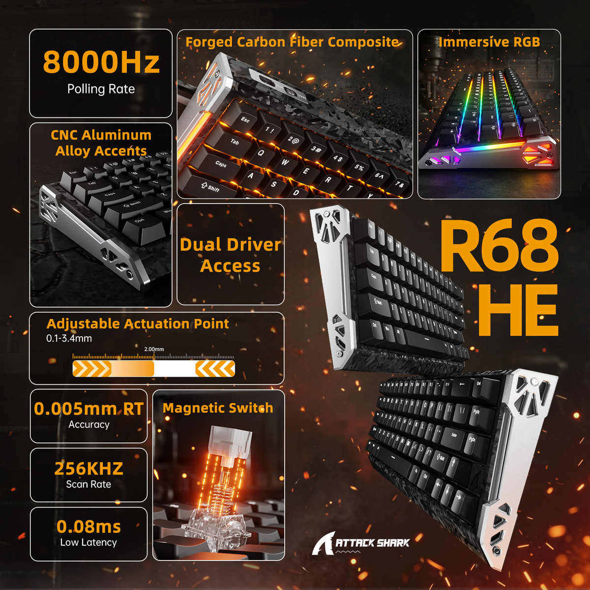 ATTACK SHARK R68 HE Carbon Fiber Rapid Trigger Keyboard Magnetic Switch