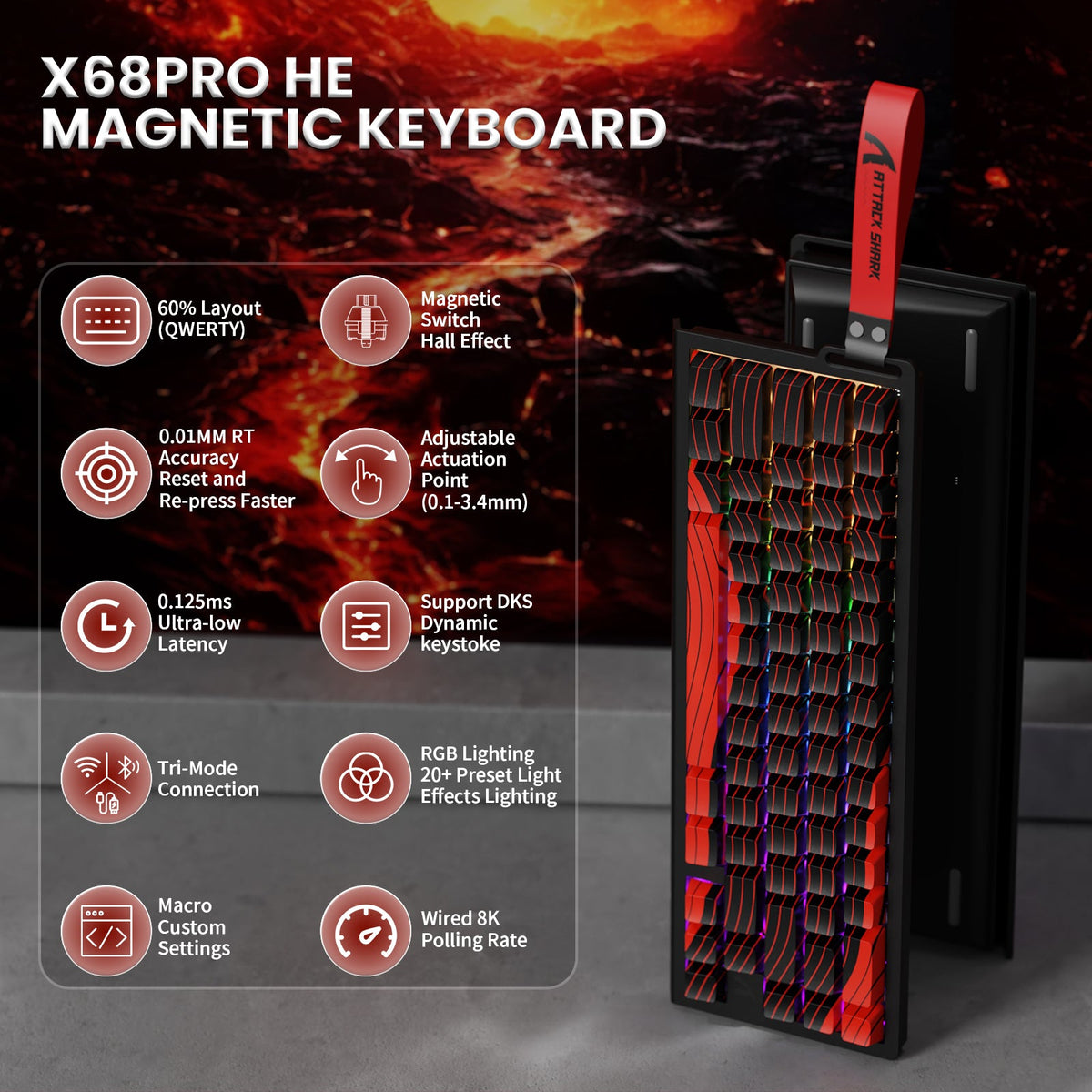 ATTACK SHARK X68PRO HE Wireless Rapid Trigger Keyboard With Coiled Cable
