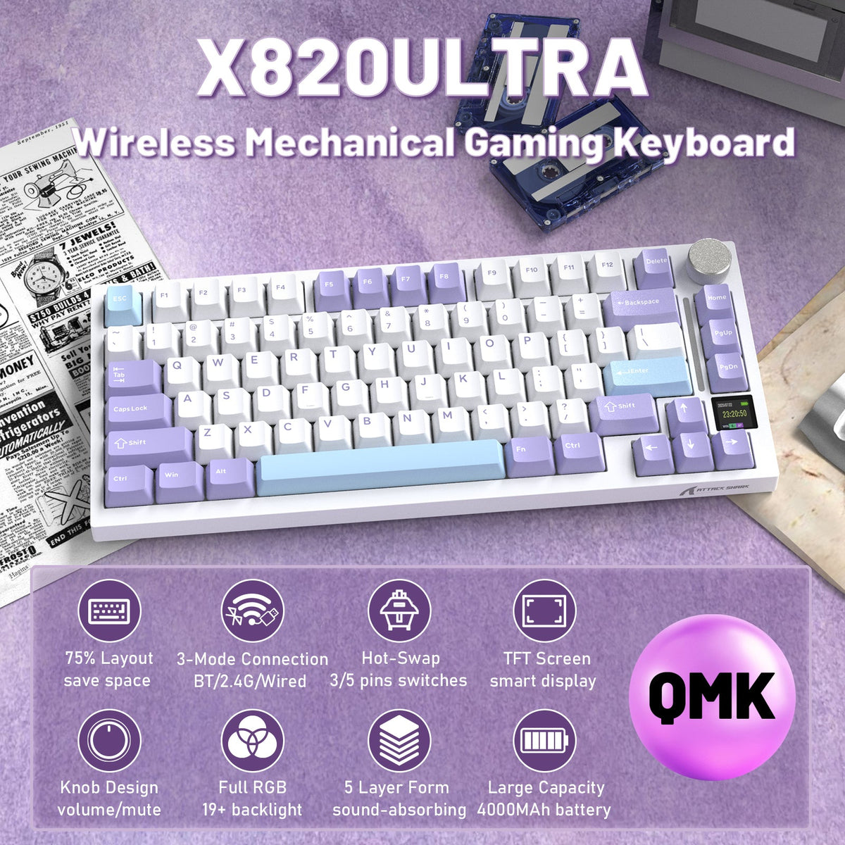 ATTACK SHARK X820ULTRA Mechanical Keyboard with C01ULTRA Coiled Cable