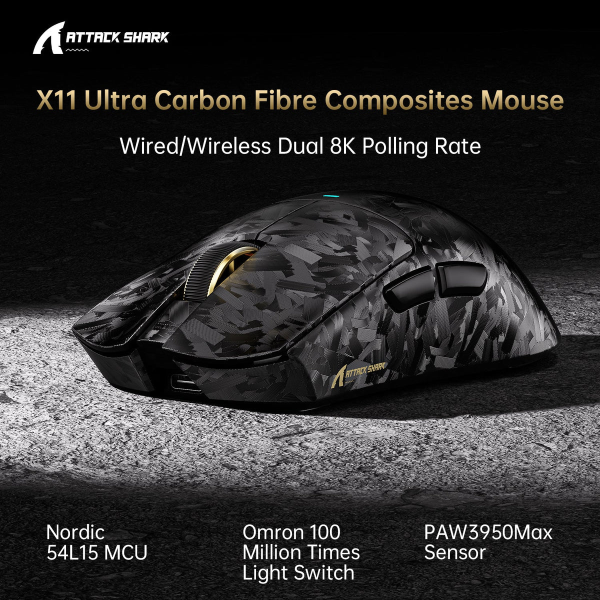 ATTACK SHARK X11 ULTRA Carbon Fiber Wireless 8K PAW3950MAX Gaming Mouse