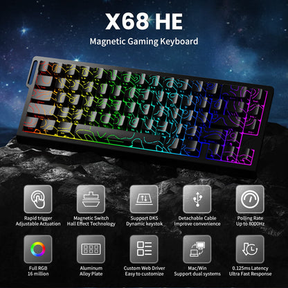 ATTACK SHARK X68 HE Rapid Trigger Keyboard Magnetic Switch with C01PRO Coiled Cable