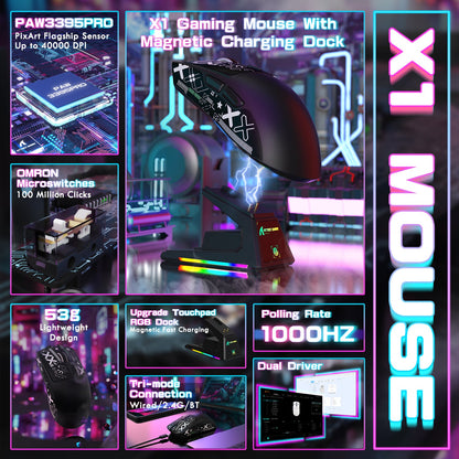 ATTACK SHARK X1 Tri-mode Gaming Mouse With Touchpad RGB Charging Dock PAW3395PRO Sensor