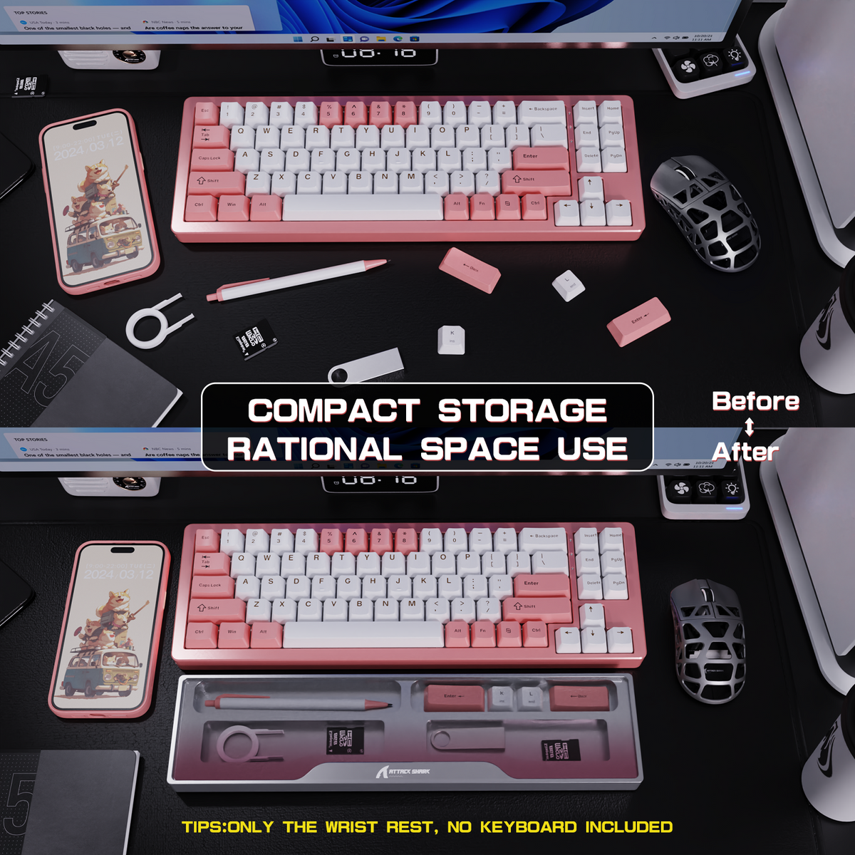 ATTACK SHARK Aluminum Alloy Wrist Rest with Partition Storage Case