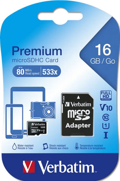 Verbatim 16GB Premium microSDHC Memory Card With Adapter