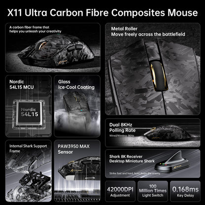 ATTACK SHARK X11 ULTRA Carbon Fiber Wireless 8K PAW3950MAX Gaming Mouse