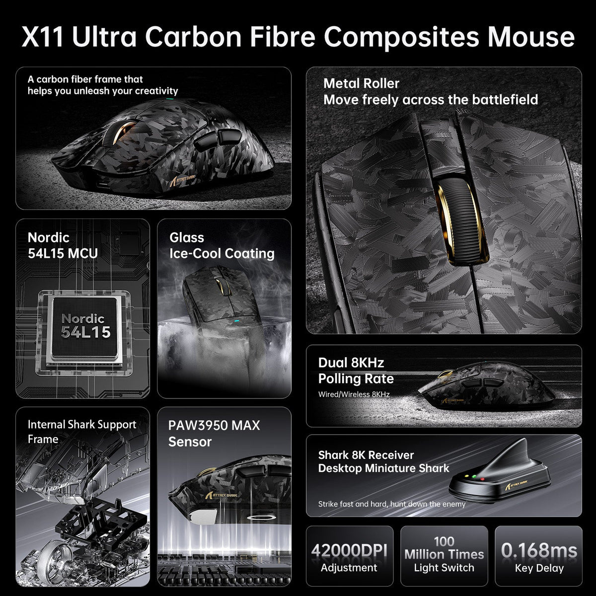 ATTACK SHARK X11 ULTRA Carbon Fiber Wireless 8K PAW3950MAX Gaming Mouse