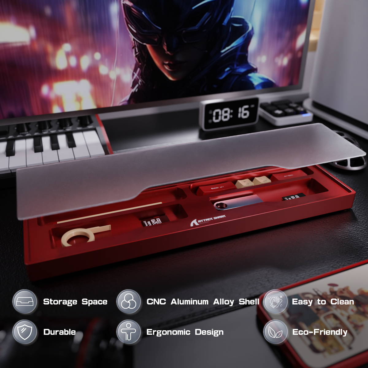 ATTACK SHARK Aluminum Alloy Wrist Rest with Partition Storage Case